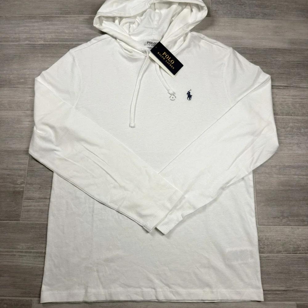 Polo Ralph Lauren Hoodie Shirt Men's Small White Long Sleeve Cotton Tee $69 NWT